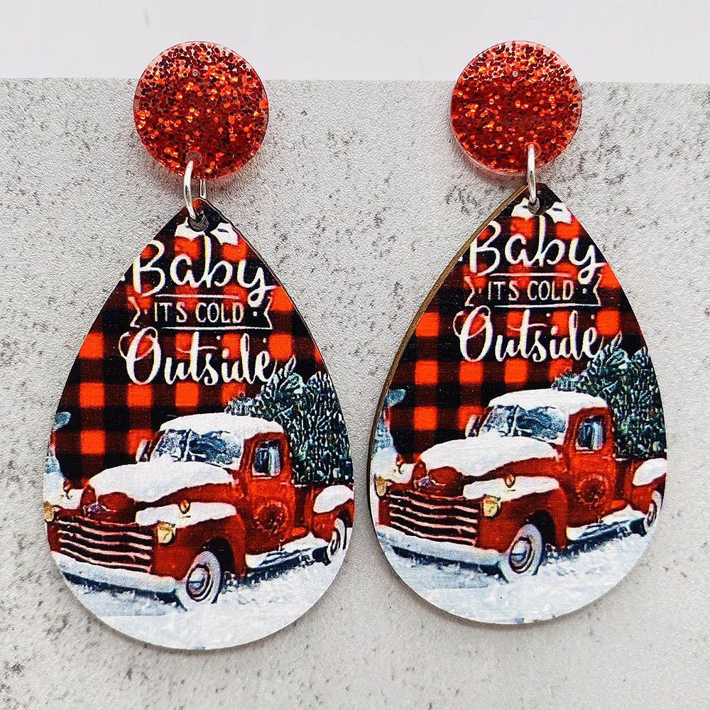 Wholesale Christmas Water Drop Wooden Earrings